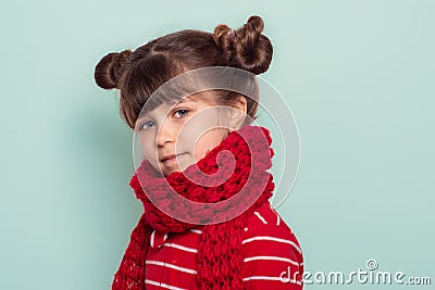 Child portrait of a 6 year old brunette, blue eyes, funny hairstyle wearing a red scarf and sweater, isolated Stock Photo