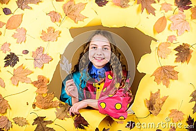 Child in positive mood. little girl in rain protection. Fall fashion. autumn beauty. Happy childhood. season forecast Stock Photo