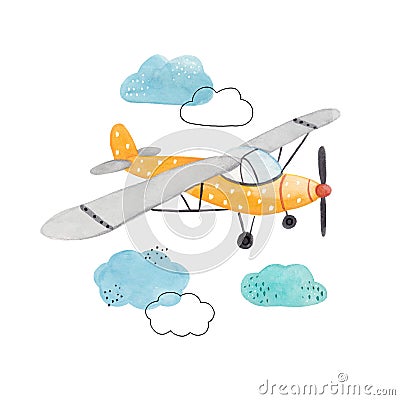 Watercolor child poster with cute plane and clouds. Funny aircraft, clouds for baby graphic suit printing. Greeting card Stock Photo
