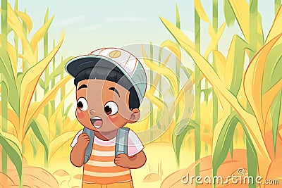 child pretending to be scared in the corn maze Stock Photo