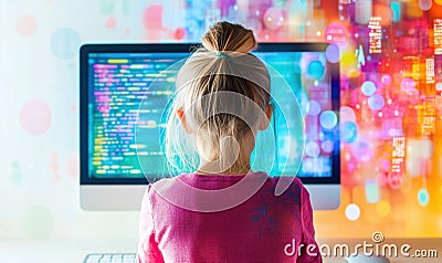 Child programming at computer, colorful code on screen, vibrant background, technology education, digital learning Stock Photo