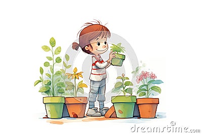 child proudly displaying herbs growing in pots Stock Photo