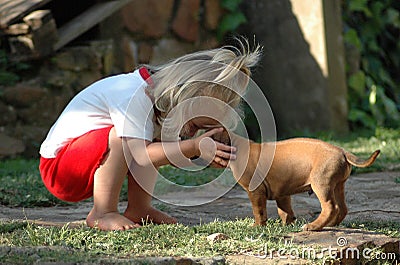 Child and puppy pet Stock Photo