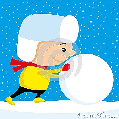 Child pushes a big snowball. Vector Illustration