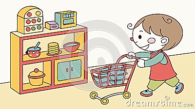 Child pushing empty shopping cart, pretend play and shopping fun vector design Generative AI Vector Illustration