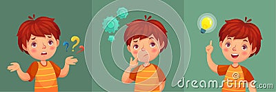 Child question. Thoughtful young boy ask question, confused kid and understand or found answer cartoon vector portrait Vector Illustration