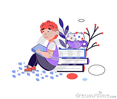 Child reading leaning on stack of books, cartoon vector illustration isolated. Vector Illustration