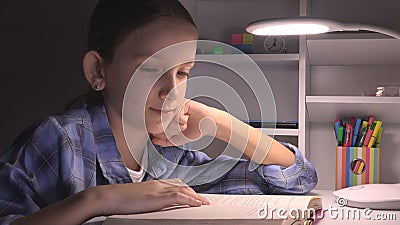 Child Reading in Night, School Girl Studying in Dark, Kid Learning, Homework Stock Photo