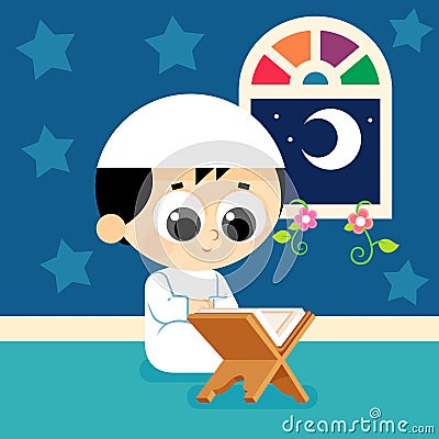 Child Reading Quran Vector Illustration