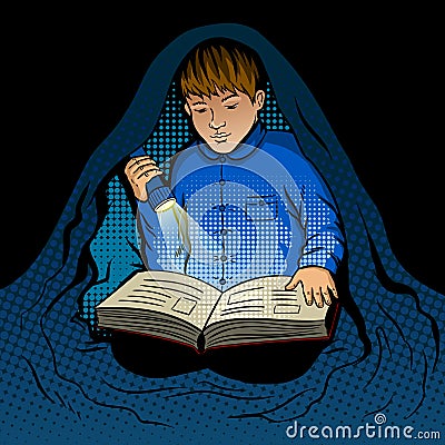 Child reads book at night pop art vector Vector Illustration