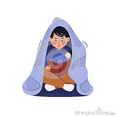 Child reads book under blanket with flashlight. Vector Illustration