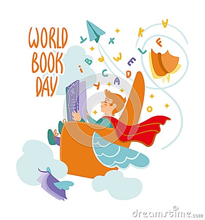 The child reads an interesting book and plunges into an imaginary world. World book day. Cartoon Illustration