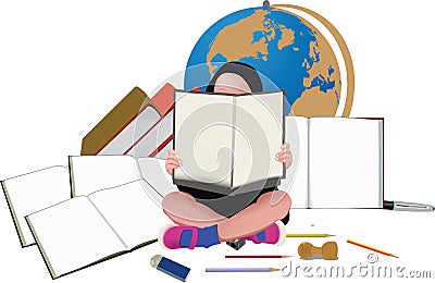 Child reads and studies with international language books Vector Illustration