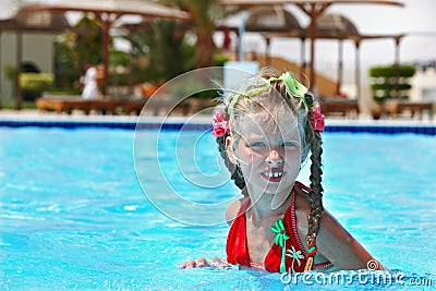 Child in red bikini and glasses swimming. Stock Photo