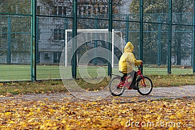 Child ride bike on playground on yellow fallen leaves background. Boy in yellow coat. Autumn day Stock Photo