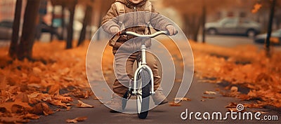 Child rides a bike in city park. Small child is learning to ride a bike on an asphalt road in the autumn forest. Generative AI Stock Photo