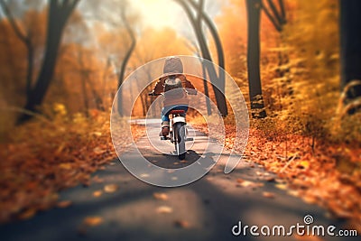 Child rides a bike in city park. Small child is learning to ride a bike on an asphalt road in the autumn forest. Generative AI Stock Photo