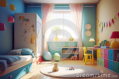 Child room. Child bedroom. Boy's and girl's room. Boys and girls. Colorful bedroom. Kids toys. Real estate. Renovation company. Ho Stock Photo