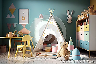 Child room. Child bedroom. Boy's and girl's room. Boys and girls. Colorful bedroom. Kids toys. Real estate. Renovation company. Ho Stock Photo