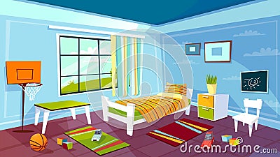 Child room vector cartoon illustration of kid boy bedroom interior furniture and toys background Vector Illustration