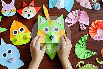 Child's artistry: handmade paper animal crafts, flat lay Stock Photo
