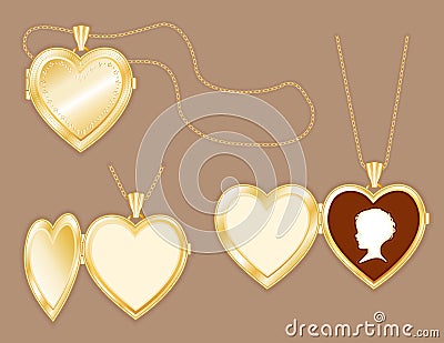 Heart Lockets, Gold Chains, Child's Cameo Vector Illustration