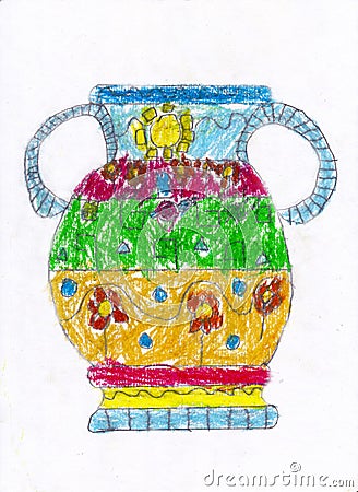 Child`s drawing: antique vase. Stock Photo