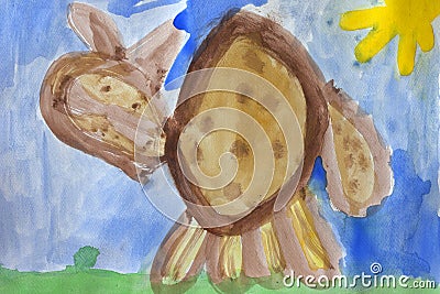 Child's drawing cat watercolor paints Stock Photo