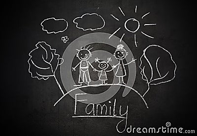 Child's drawing with chalk on school blackboard happy family Stock Photo