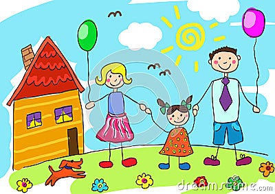 Child's drawing happy family with dog. Father, mother, daughter and their house. Vector Illustration