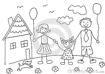 Child's drawing happy family with dog. Father, mother, daughter and their house. Vector Illustration