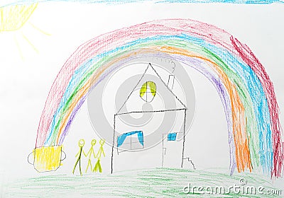 Child`s drawing. home rainbow happy family Stock Photo