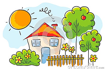 Child`s drawing of a house Vector Illustration