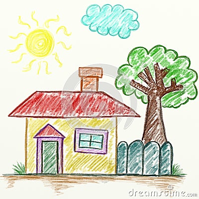 Child`s drawing house handdrawn Stock Photo