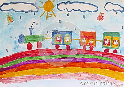 Child`s drawing of merry train traveling along rainbow in rain. Children`s art Stock Photo