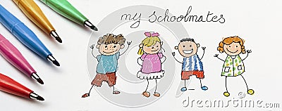 Child`s drawing, my school friends. Stock Photo