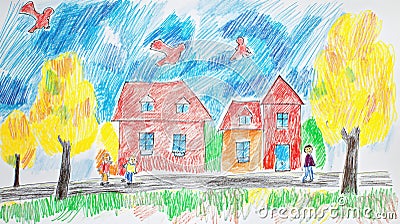 Child's drawing of two houses and trees with crayon birds in the sky Cartoon Illustration