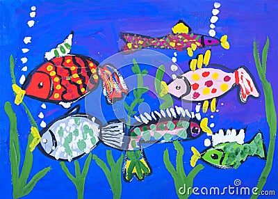 Child's gouache picture of the sea bottom Stock Photo