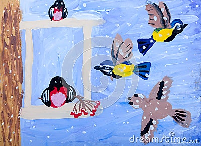 Child's gouache picture of winter birds Stock Photo