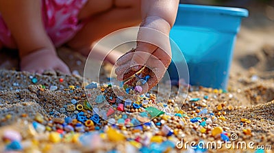 A child& x27;s hand picking up microplastics from the sand, with a bucket and shovel in the background, representing the Stock Photo