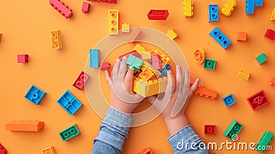 A child's hand playing with Lego. There are Legos scattered on the table with a orange background Stock Photo
