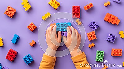 A child's hand playing with Lego. There are Legos scattered on the table with a purple background Stock Photo