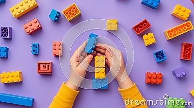 A child's hand playing with Lego. There are Legos scattered on the table with a purple background Stock Photo