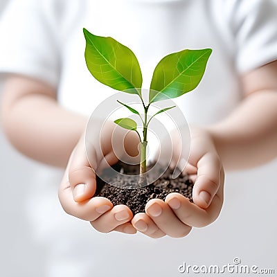 The child's hands carefully hold a tree seedling. The concept of an eco-friendly future for our environment Stock Photo