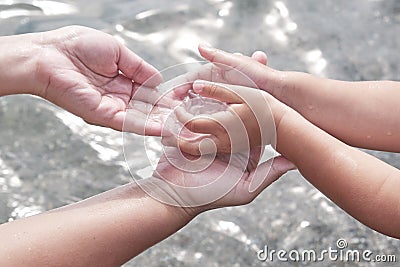 Child& x27;s hands giving carefully into hand of mother small transparent jellyfish Stock Photo