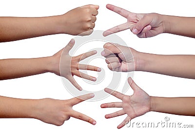 Child`s hands making sign as rock paper and scissors Stock Photo