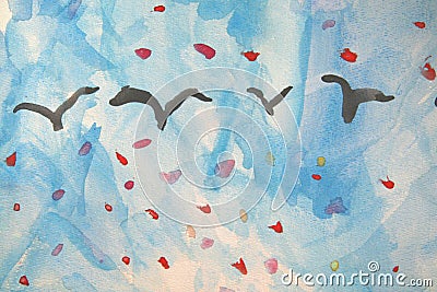 Child's Painting: Geese in Autumn Stock Photo