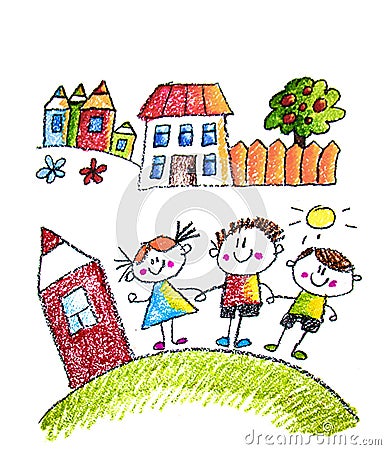 Child\'s painting on paper. Kids drawing image. Little children, boys and girls. School, kindergarten illustration. Play and grow. Cartoon Illustration