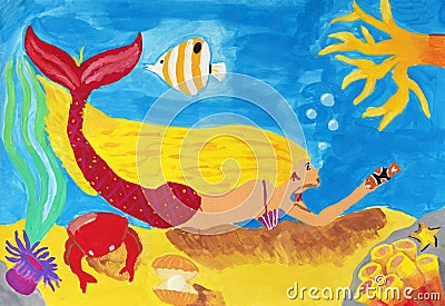 Child`s painting on paper of Underwater`s life Stock Photo