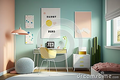 Child's room interior with desk and cute posters on light wall Space for text. Generative AI Stock Photo